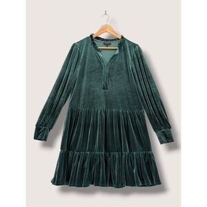 1.STATE Emerald Green Velvet Tiered Mini Dress Ruffle Neck Babydoll Large